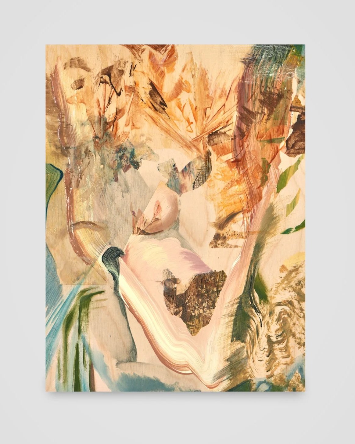 fern dappled skin/skin dappled fern, acrylic, oil, china marker, charcoal, and polyurethane on panel, 9 x 12 in. $630