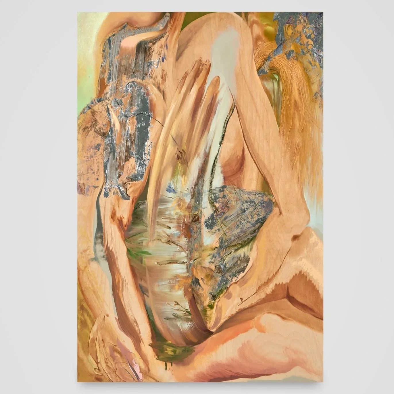 A mostly constant gardener, acrylic, oil, mirror paint, china marker and oil stick on panel, 24 x 36 in.