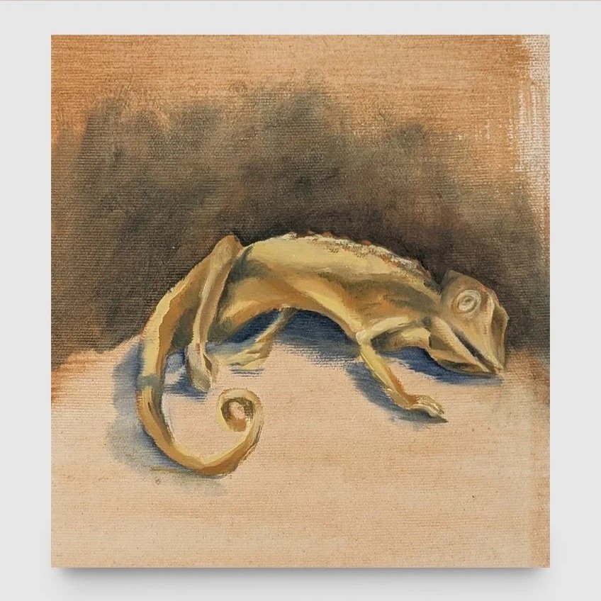 Petrified Chameleon Study, oil on unstretched canvas, 7 x 7 in, 2019 - $175