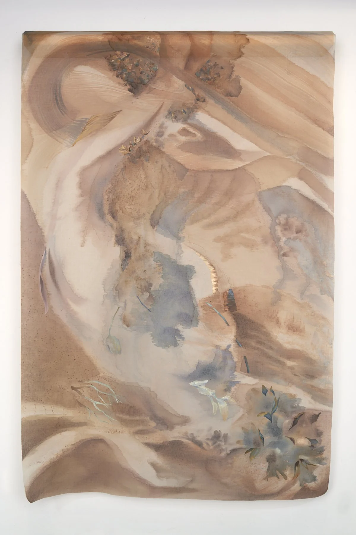 The Fold II, acrylic and oil on sheer fabric with wood, 43.25 x 65 x 8 in. $3790