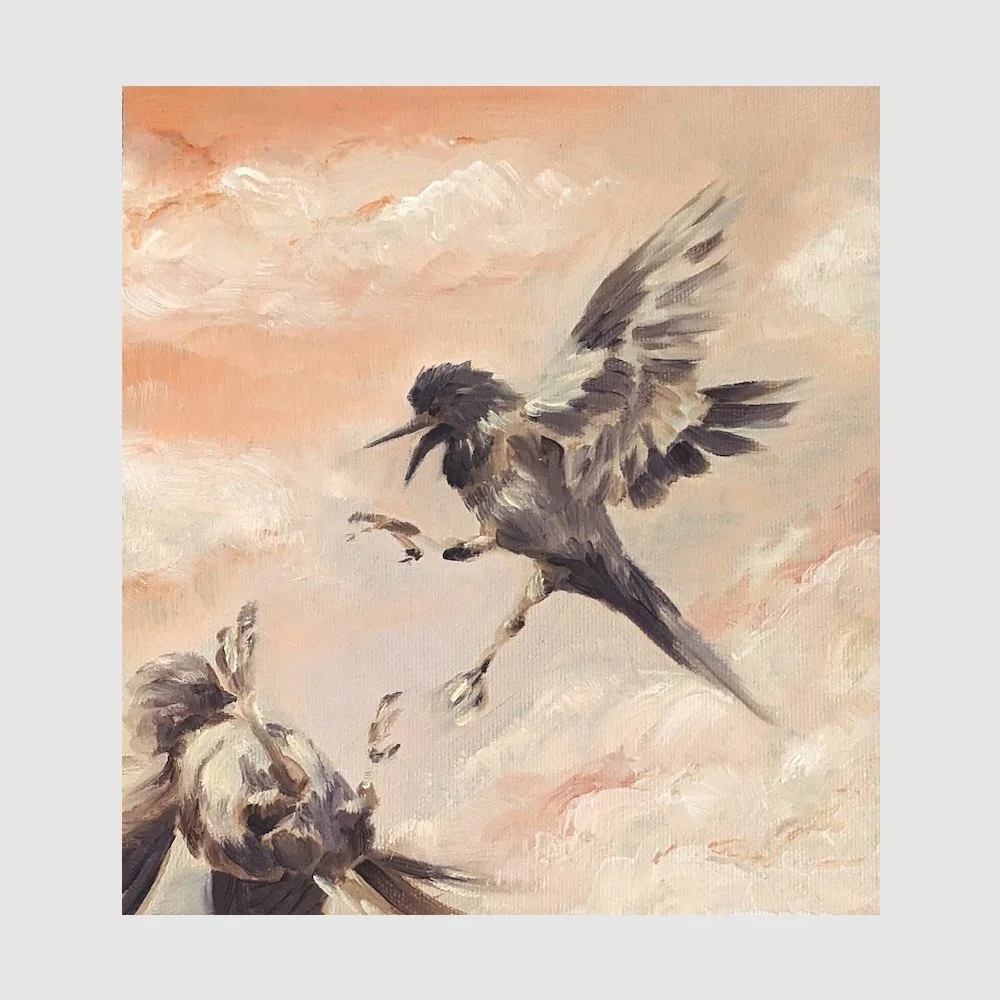 Nightingales Fighting Study, oil on unstretched canvas, 7 x 7.5 in, 2019 - $180