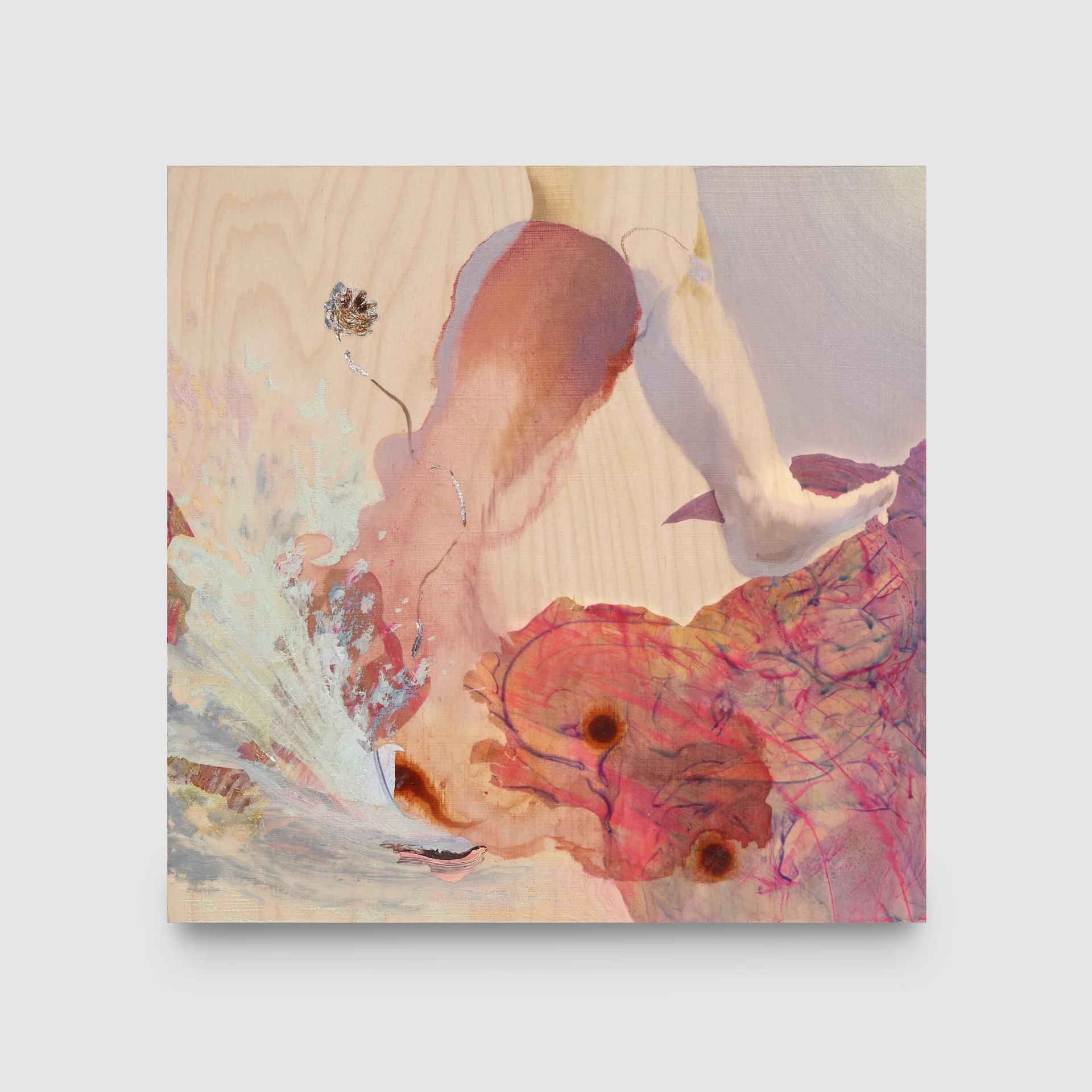 passing feet, a luminous trail, and night's salty air, acrylic, oil, china marker, mirror paint, and polyurethane on panel, 12 x 12 in. Available through Janey Gallery