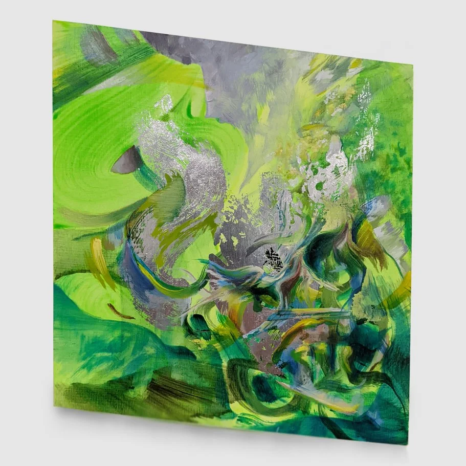 The Splinter That Forms the Pearl, oil and mirror paint on shaped board, 8.25 x 8.25 in, 2021 - $250