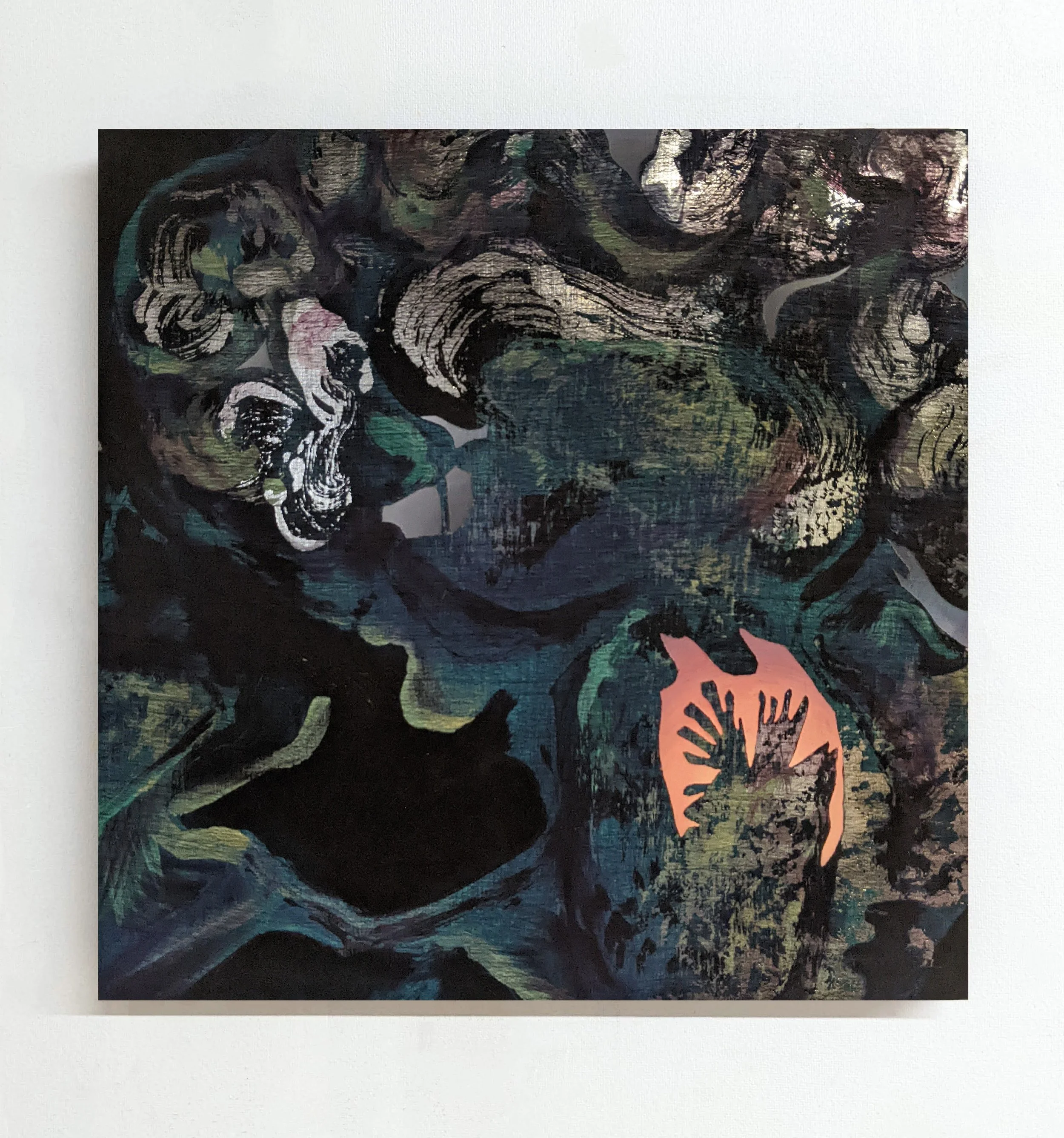 The Beginning, acrylic, oil and chiffon on panel, 10 x 10 in, Sold