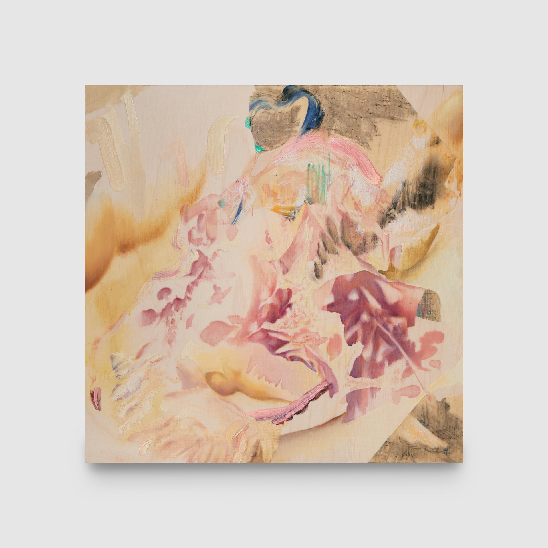 Blueprint for a Future Form, acrylic, oil, charcoal, china marker, mirror paint, and polyurethane on panel, 12 x 12 in. Available through Janey Gallery