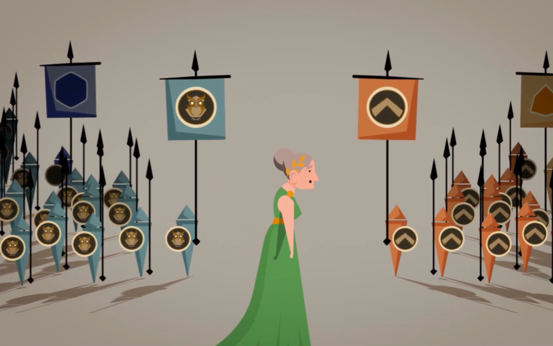 A Greek lady walks through history, in an animated series on world history - this episode focuses on Greek city states.