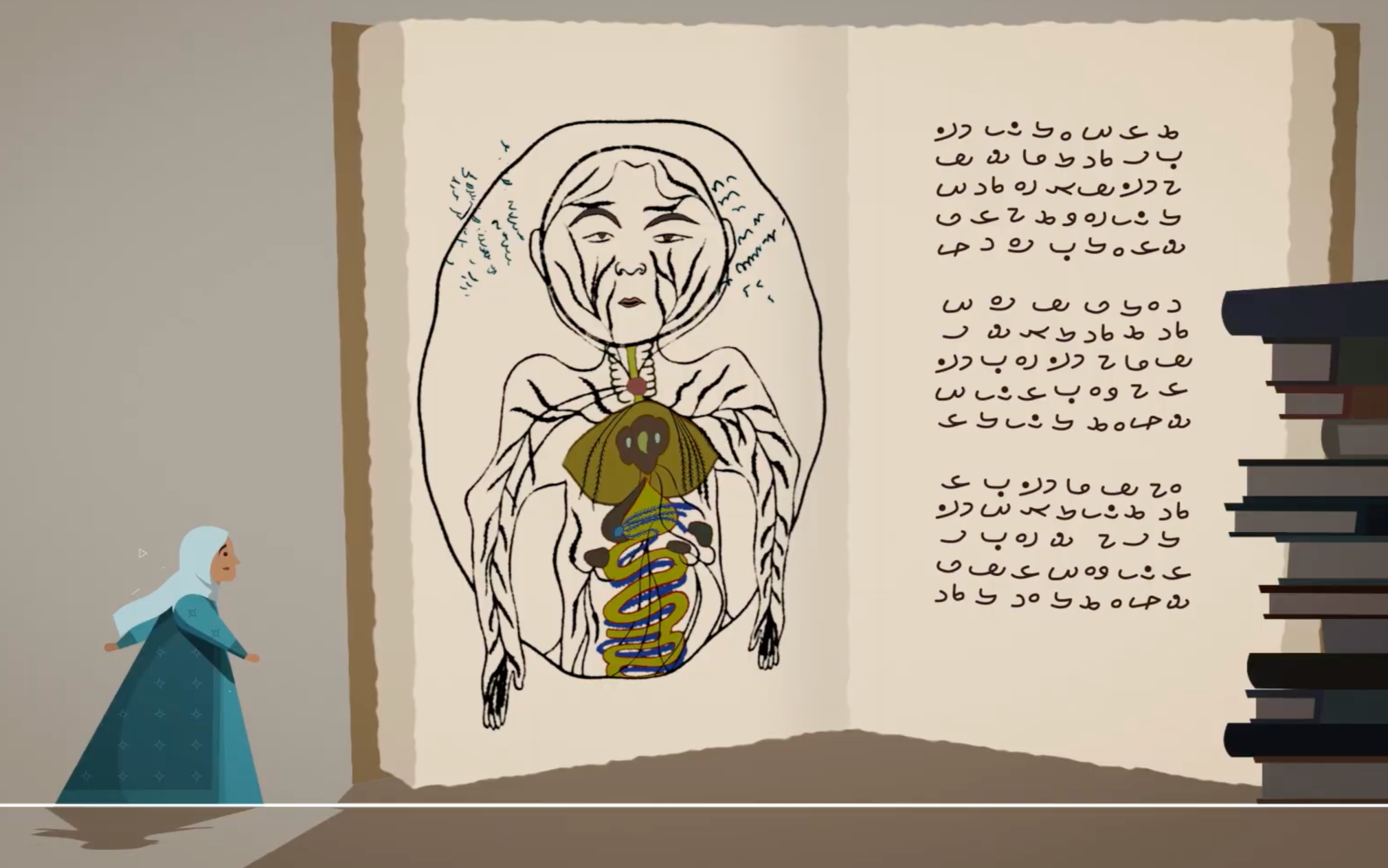 Animated educational series on World History, here an islamic lady walk past a large open book with Arabic scripture.