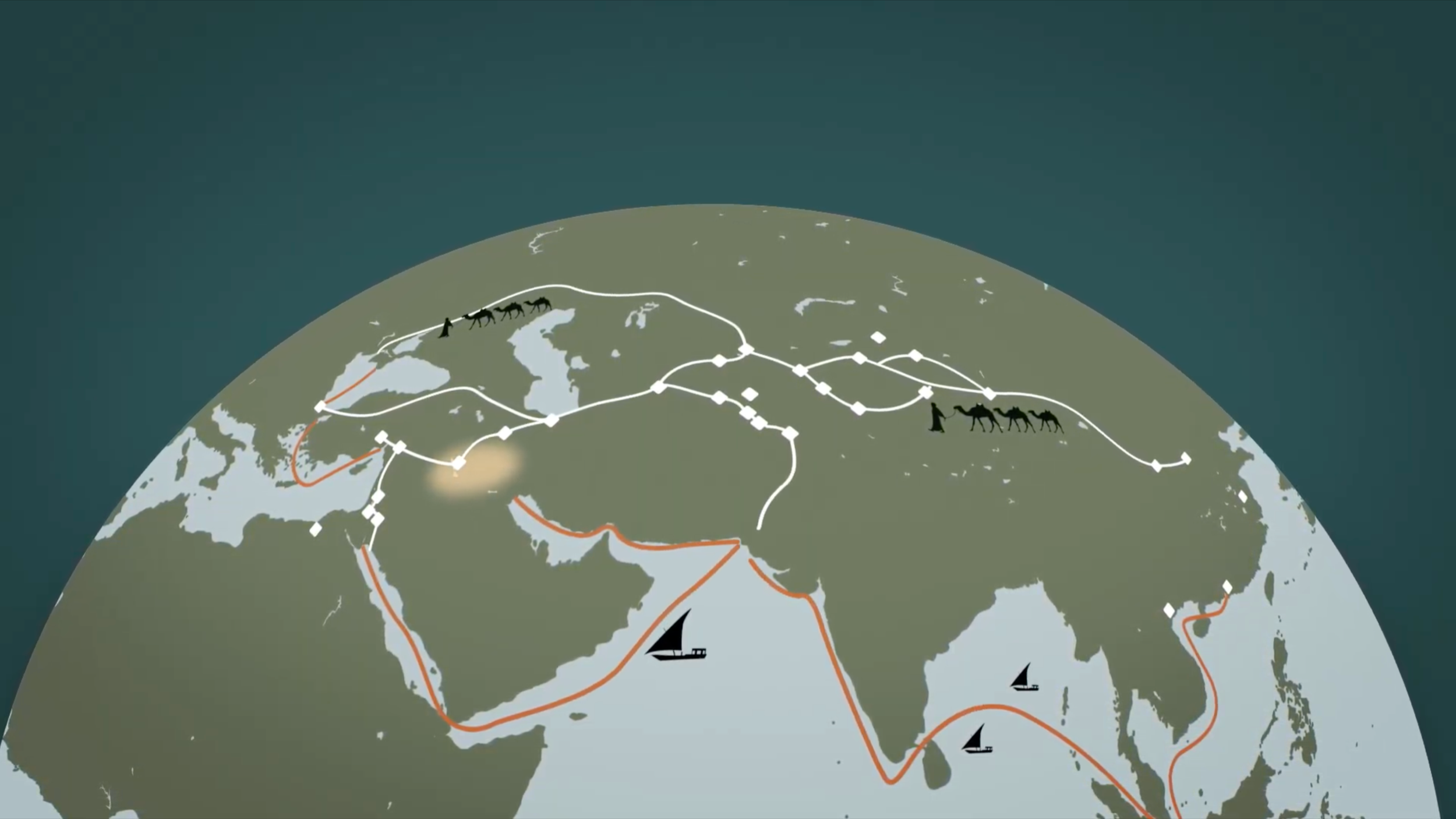 Stylised globe with trade routes across Asia, Africa and Europe, BBC Bitesize film on Islamic trade