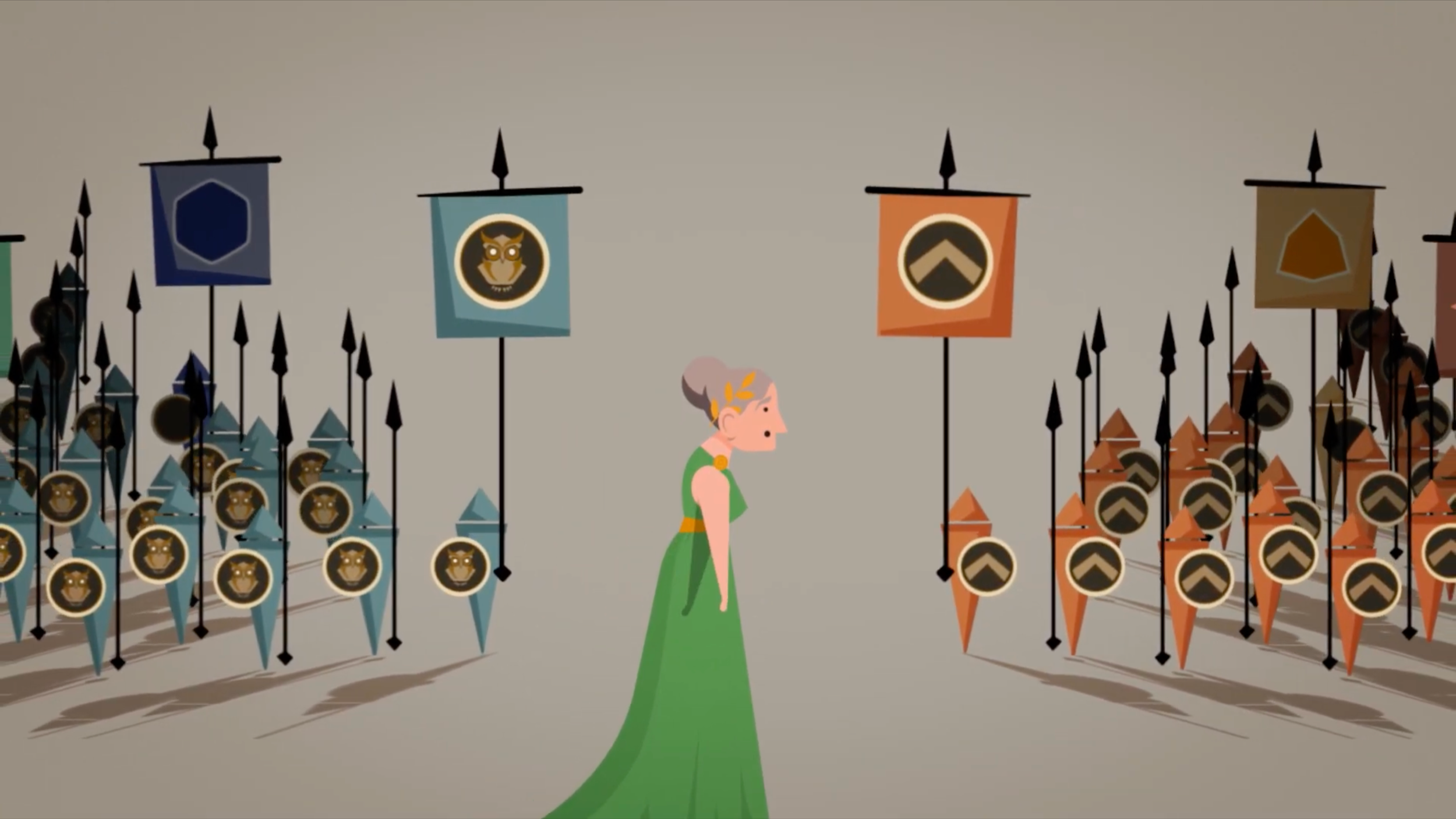 Athenian Woman walking among shields and banners, BBC Bitesize film on Athens and Sparta