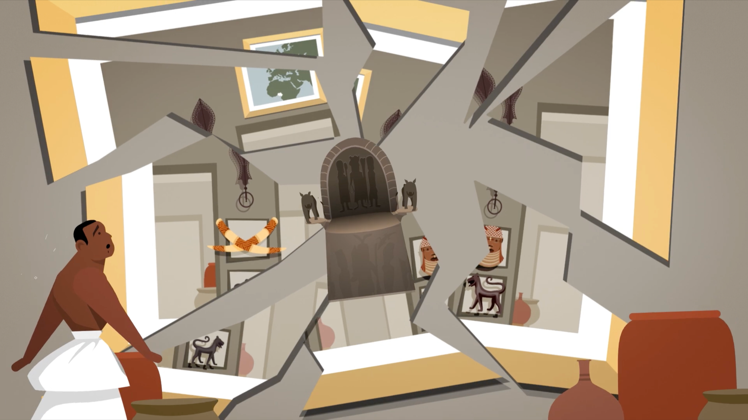 Tilted palace room with a throne among cracked walls, BBC Bitesize film on why the Kingdom of Benin fell