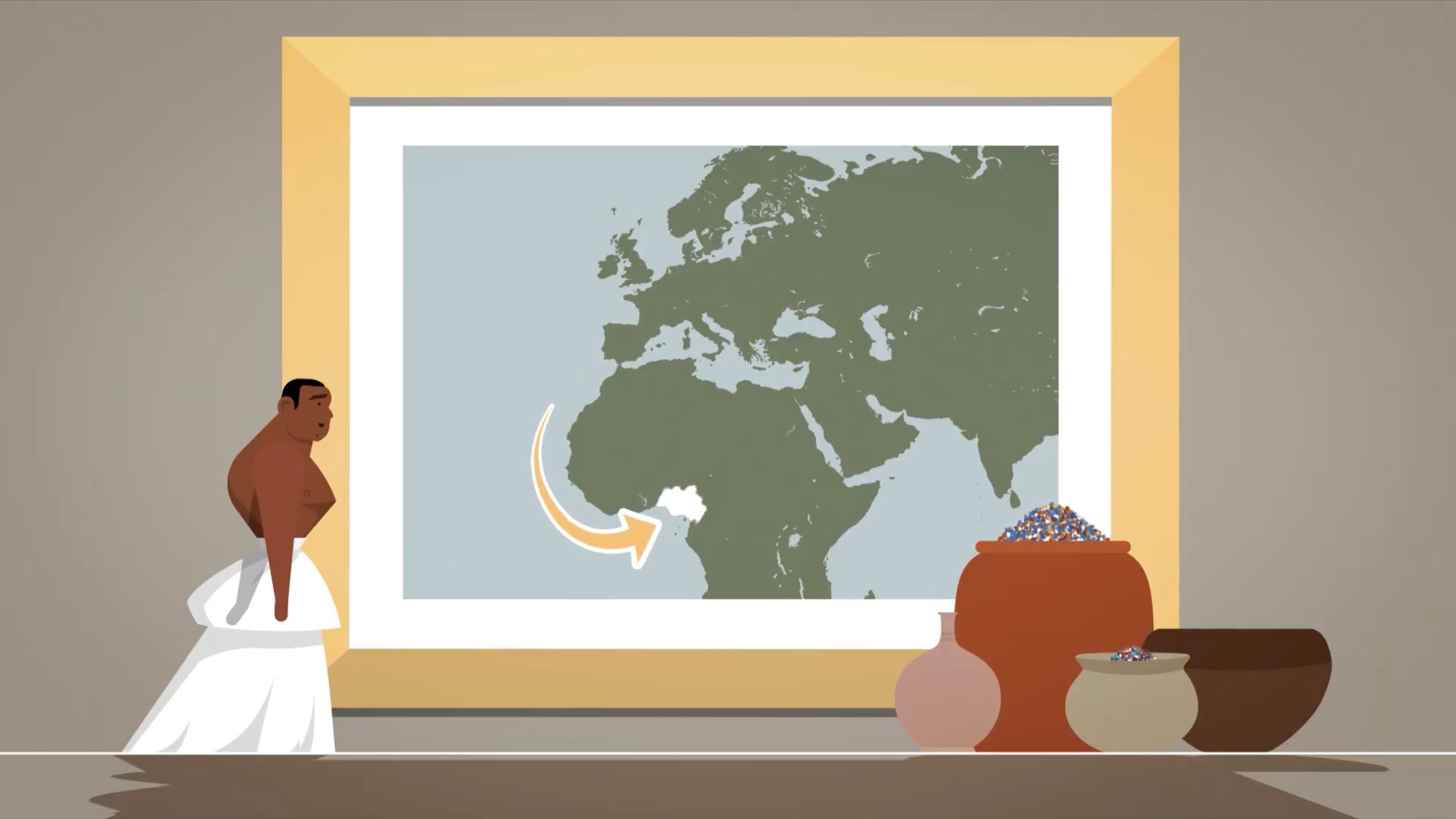 Benin Craftsman beside a framed map showing the Kingdom of Benin, BBC Bitesize film on Benin trade