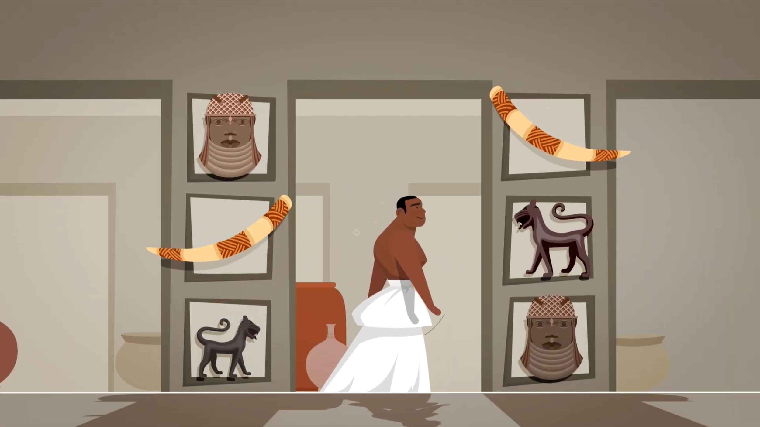 Benin Craftsman in a palace with carved plaques on the walls, BBC Bitesize film on the guilds of Benin