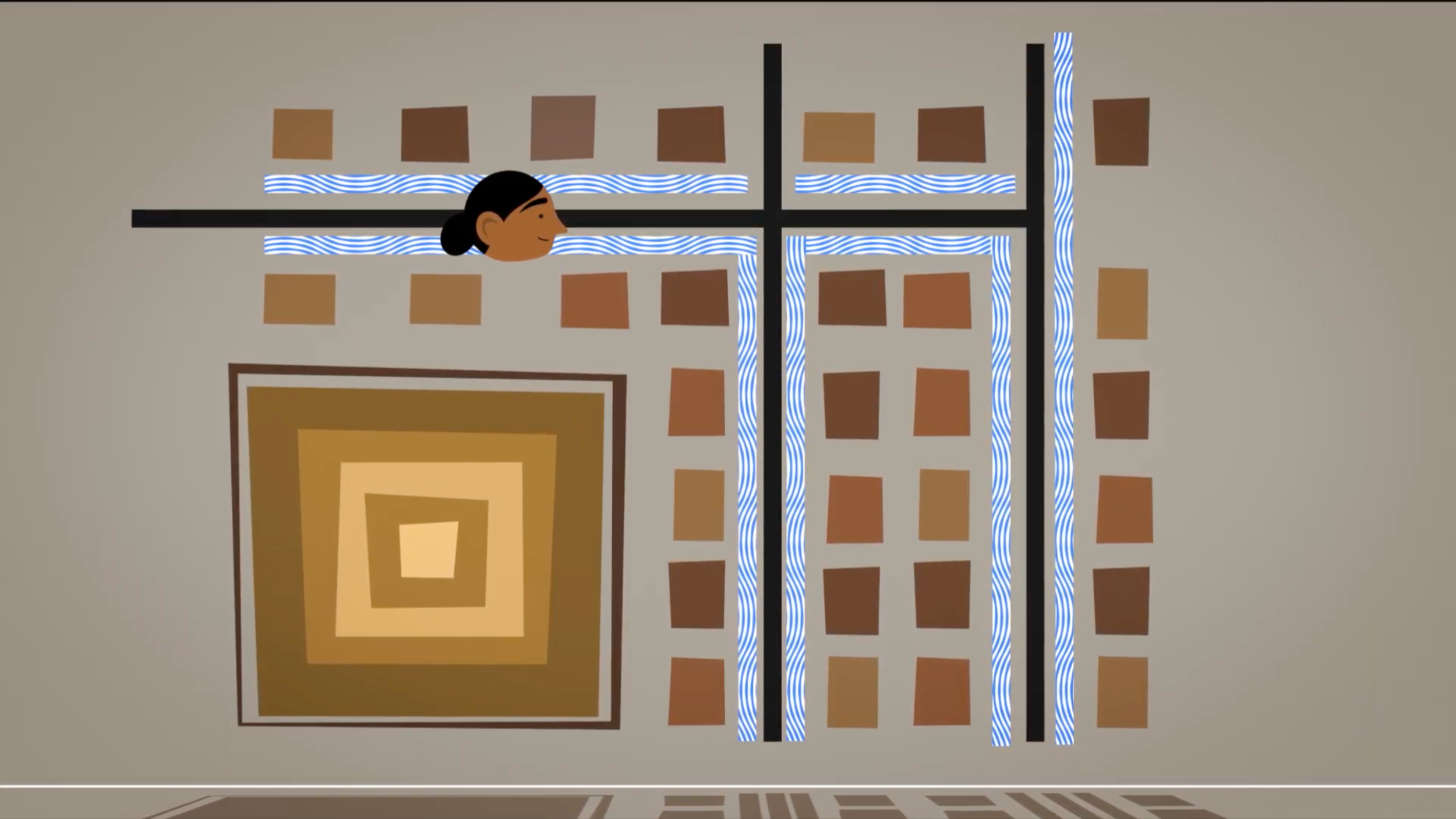 Overhead city grid with blue water drains and the Harappan Girl, BBC Bitesize film on Indus Valley cities