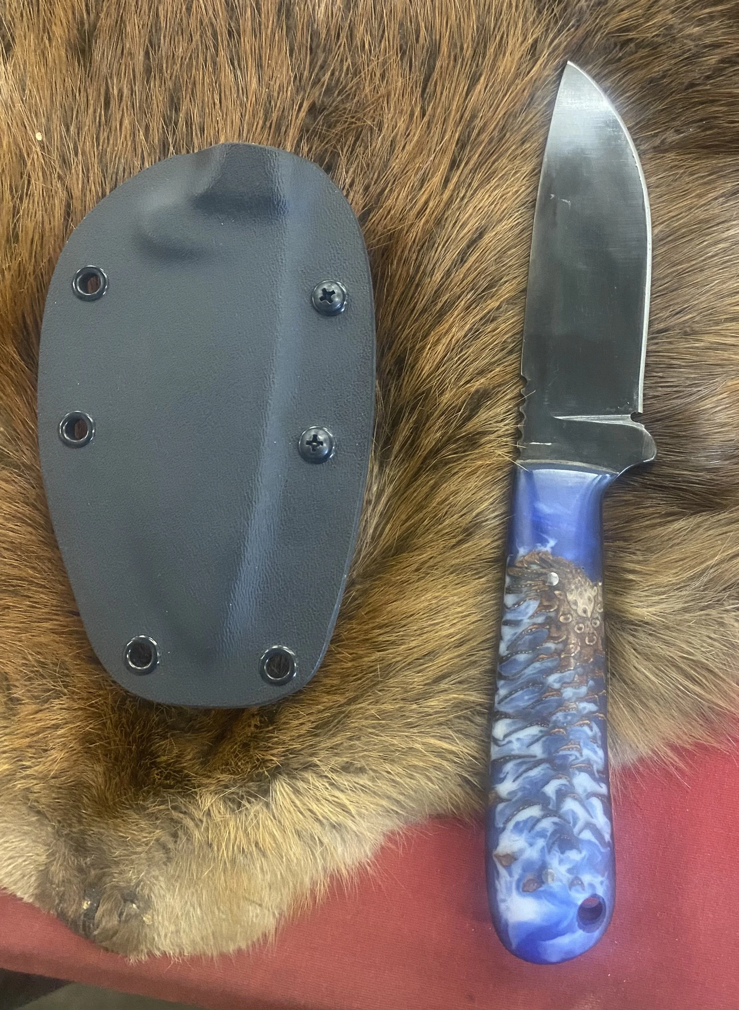 EDC blade with Blue and White acrylic with pine cone handles