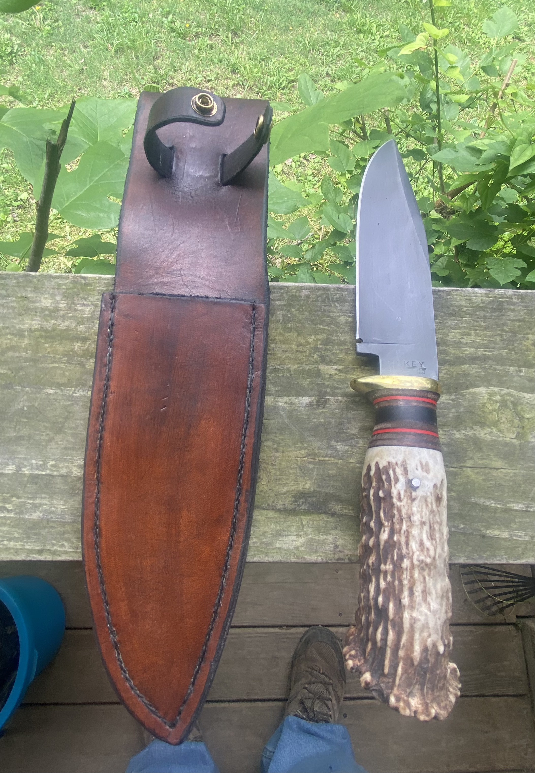 Hunting Knife with Deer Antler Crown Handle and Custom Leather Sheath