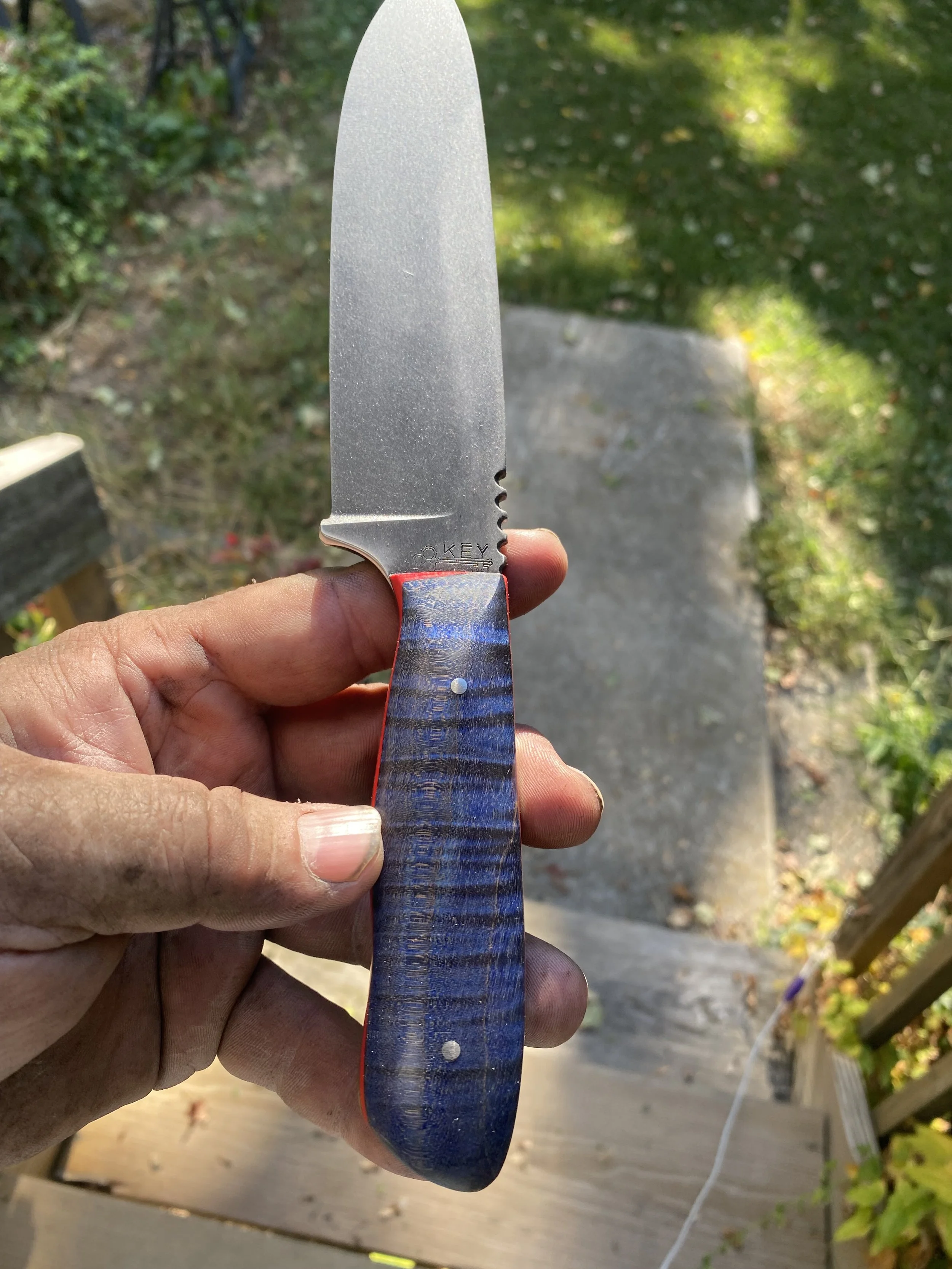 Hunting Knife with Stabilized and Dyed Blue Curly Maple with G-10 liners