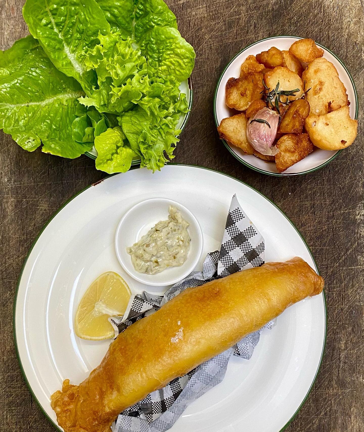 Controversial to have lettuce on the menu right now? Yes, but we&rsquo;ve got hookups. And roast potatoes instead of chips? They go better with the rosemary and garlic. 

Our fish of the day changes order to order, depending on what&rsquo;s been caug