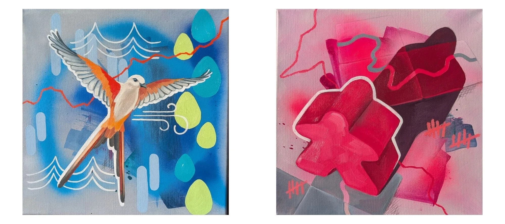 Colourful mixed media paintings by Guildford Artist Sam B. Kennedy inspired by the board games Wingspan and Carcassonne