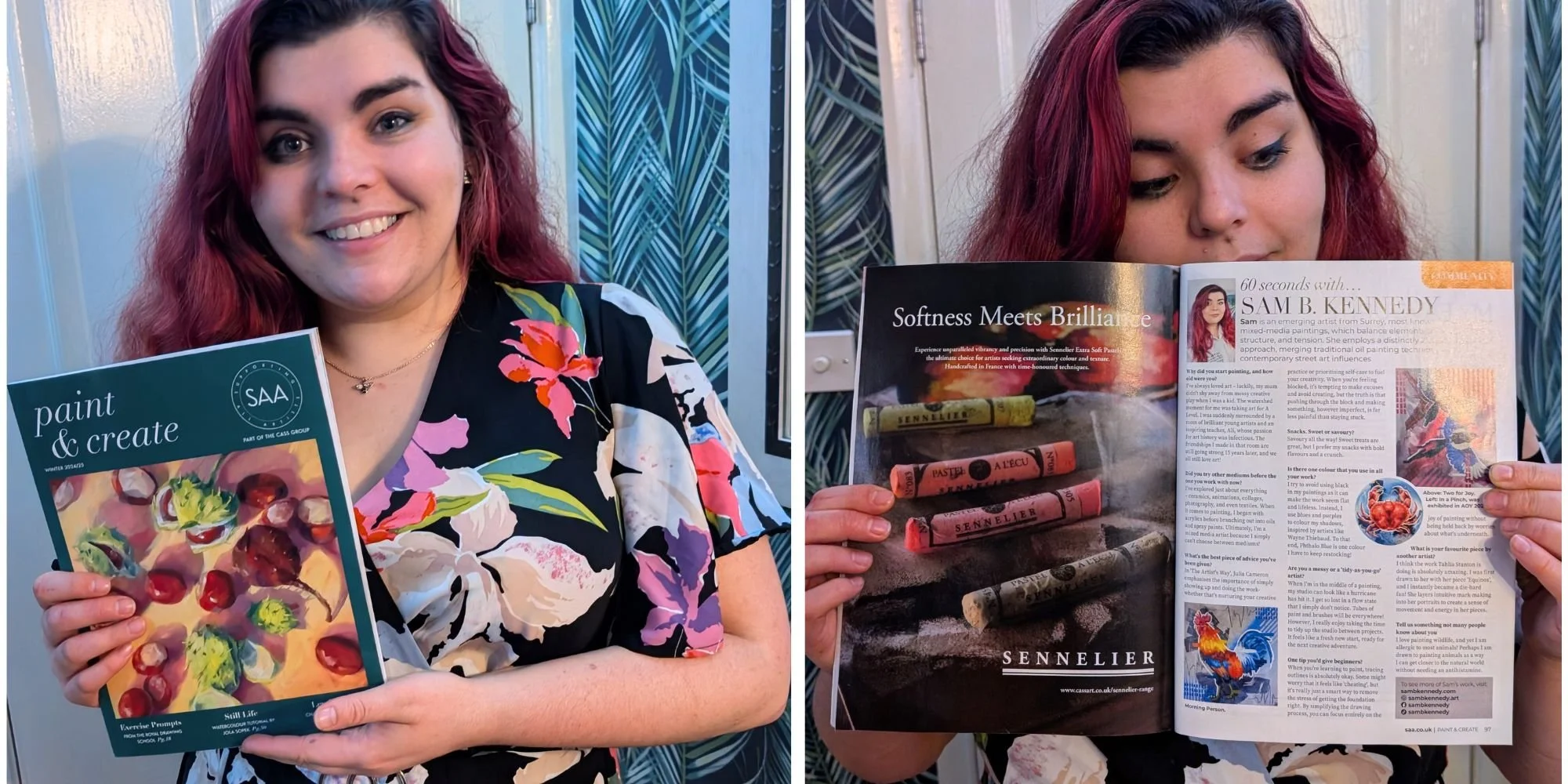 Guildford Artist Sam B. Kennedy holds up a copy of Paint & Create magazine