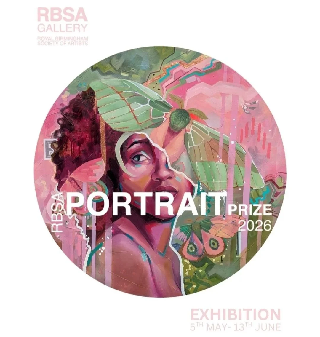 Colourful pink and green mixed media contemporary portrait painting by artist Sam B. Kennedy, which has been selected to appear in the RBSA portrait Prize exhibiiton in Birmingham.