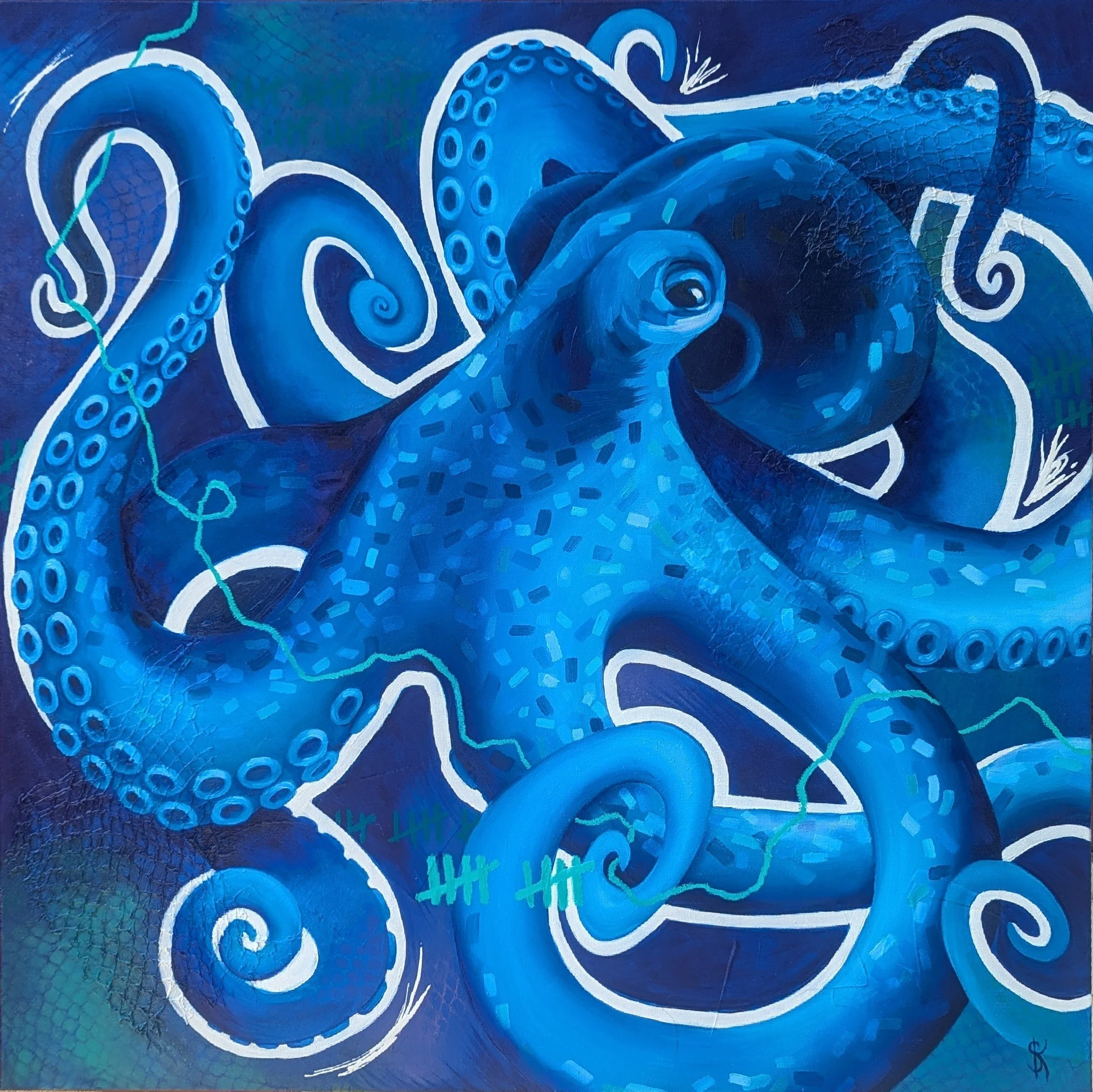 Midnight Tide by Guildford artist Sam B. Kennedy, a vibrant mixed media octopus painting in deep jewel-toned blues and greens, on display at New House Art Space in Guildford.