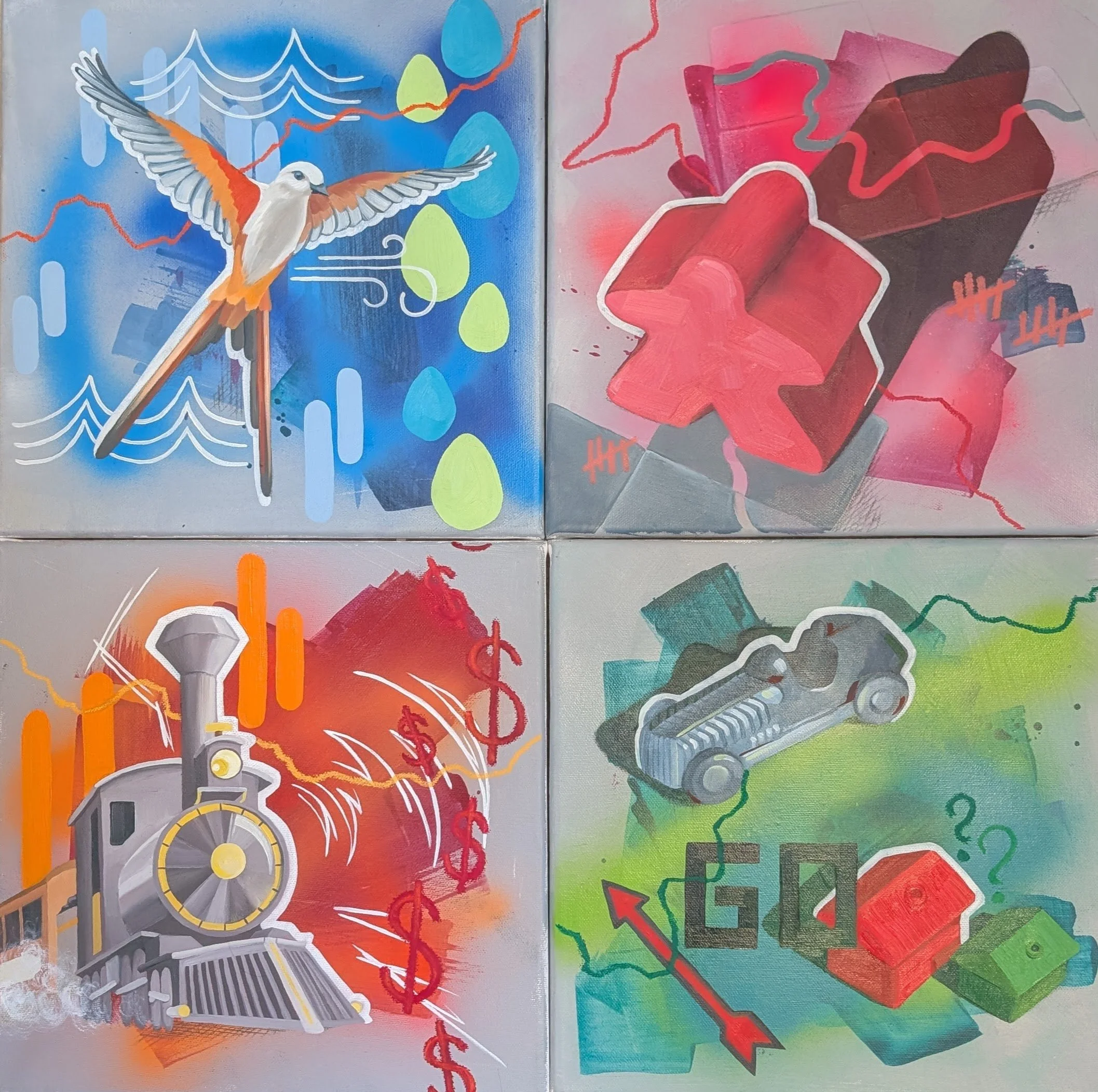 Four colourful mixed media paintings by Artist Sam B. Kennedy inspired by the board games in her local Guildford Board Game Cafe Unplug and Play