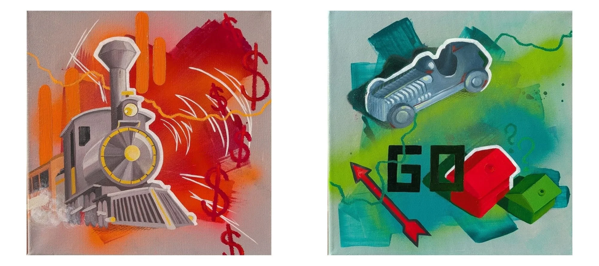 Bright and bold mixed media paintings by Guildford Artist Sam B. Kennedy inspired by the board games Monopoly and Colt Express