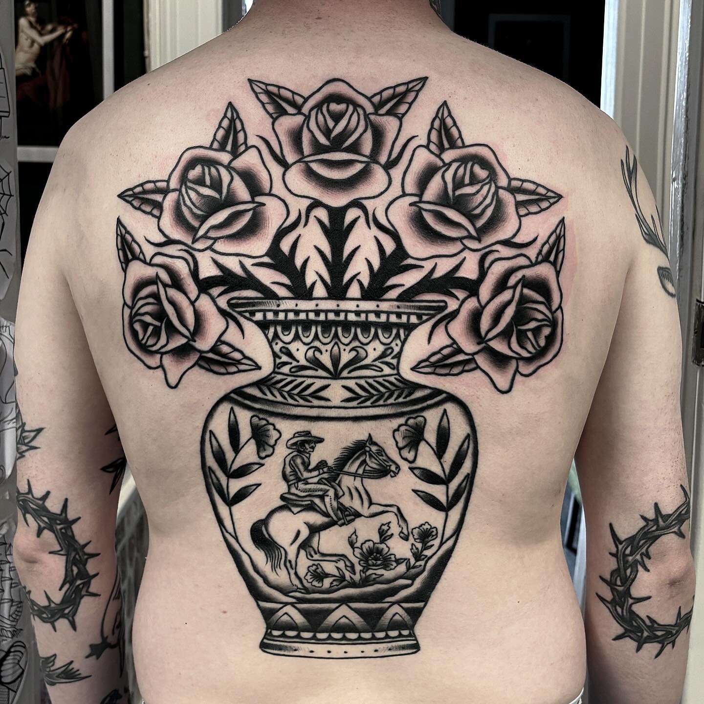 Thanks Eamon! Cowboy vase 🤠 More big projects please 🤘 done @secretdoor_studio  #tattoo #tattoos #tattooed #tattooing #oldworkers #oldschool #oldschooltattoo #tradworkers #traditionaltattoo #gerfertattoo #dublin #backtattoo #vaseofflowers #vasetatt