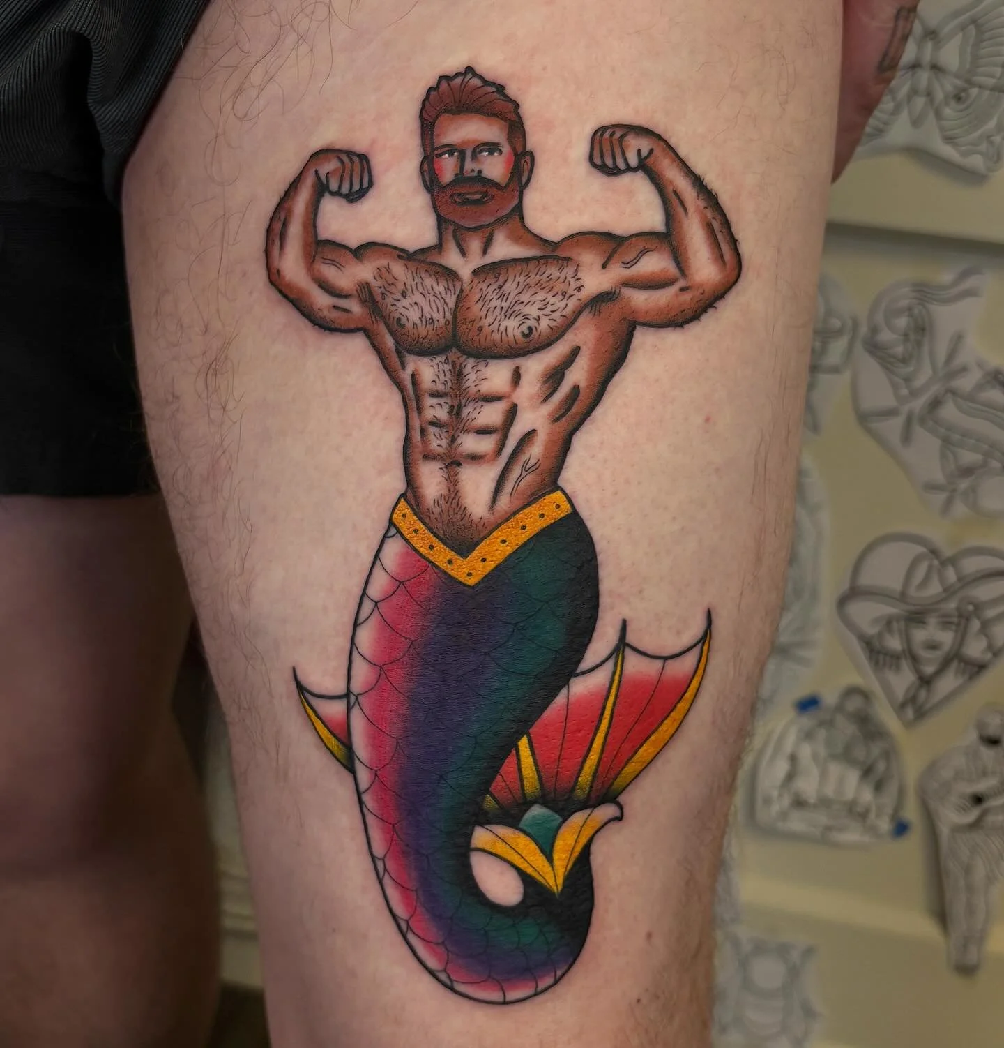 Thanks @thiiccddy 🙏🙏🙏 done @secretdoor_studio #tattoo #tattoos #merman #queertattoo #gerfertattoo #dublin #oldschooltattoo #traditionaltattoo