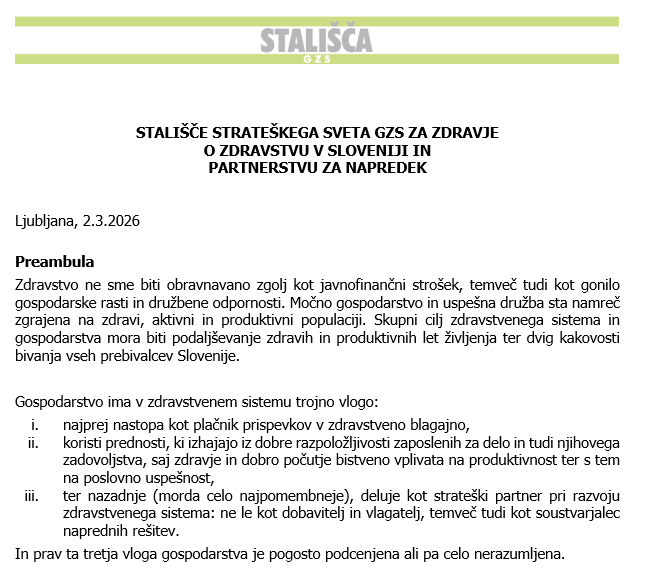 Stališča Strateškega sveta GZS za zdravje