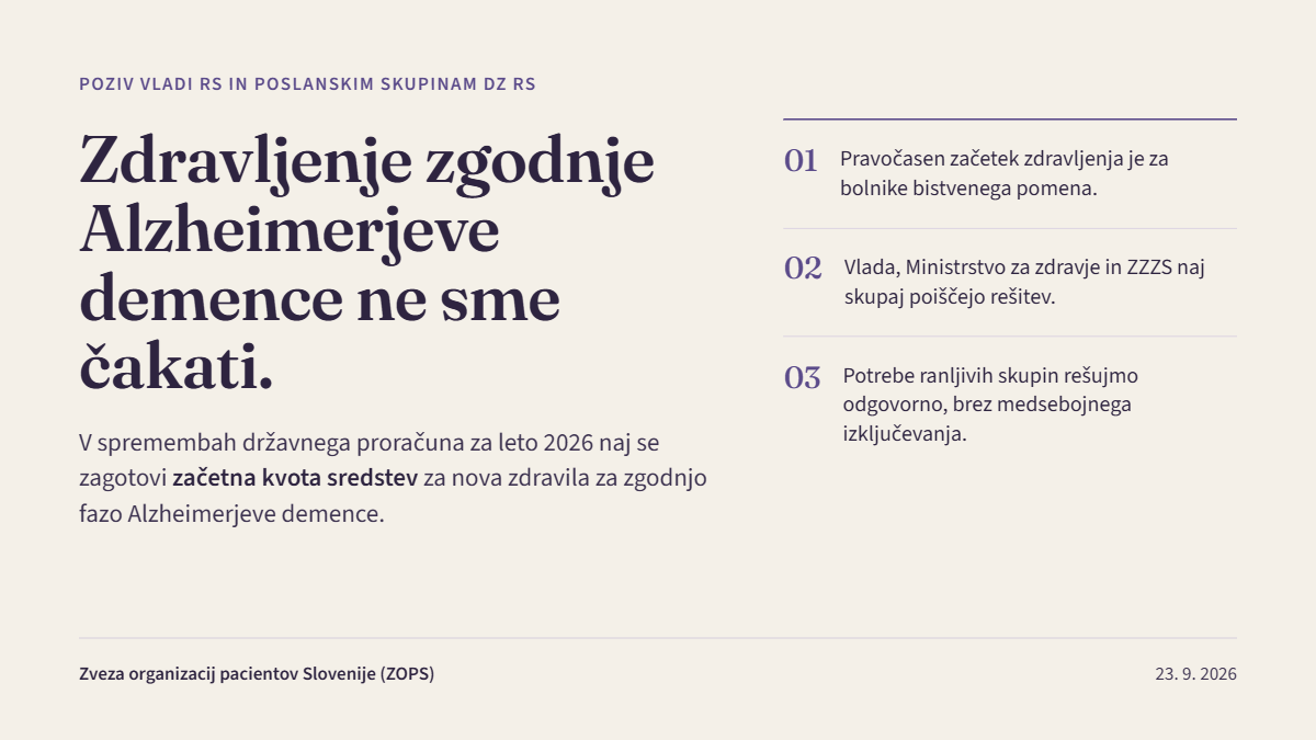 Poziv ZOPS k zagotovitvi sredstev za zdravljenje zgodnje faze Alzheimerjeve  demence