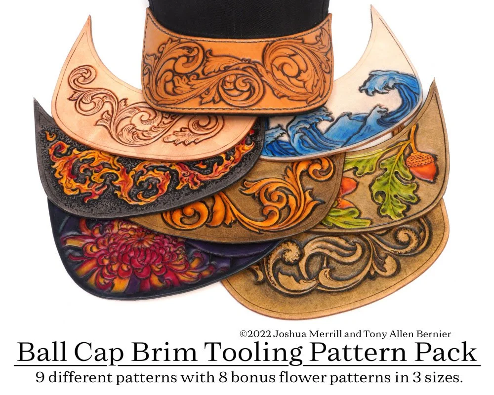 Tooled leather brims for baseball caps.