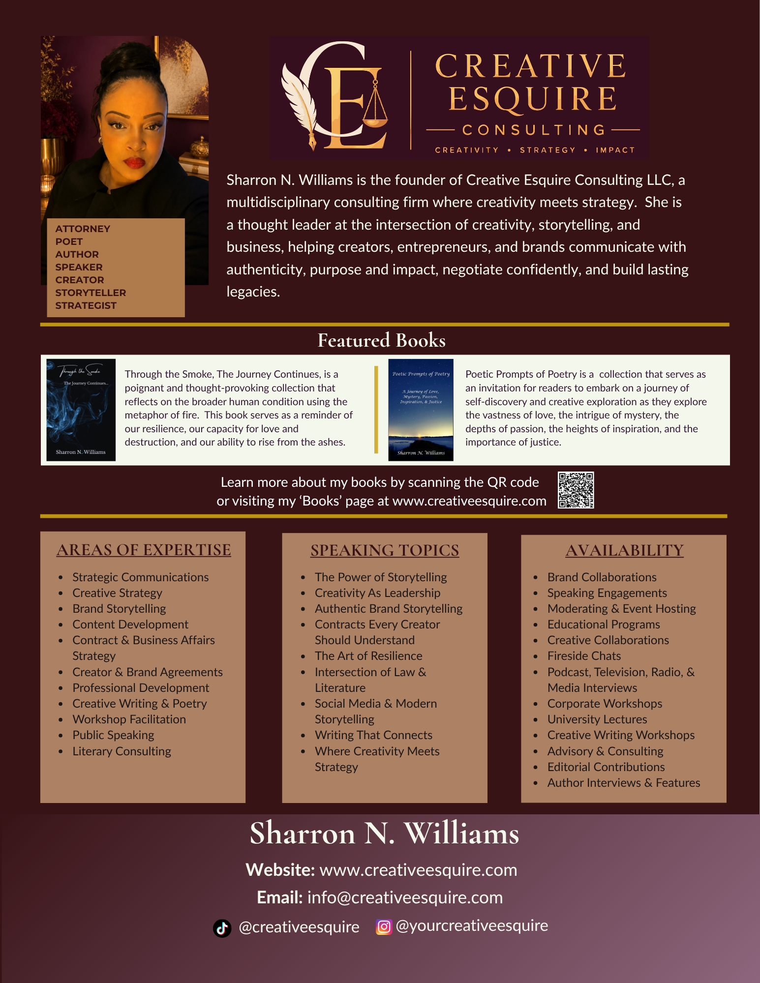 Media Sheet for Sharron N. Williams, Founder of Creative Esquire Consulting LLC.  Includes areas of expertise and her availability