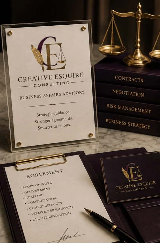 Business consulting materials including a framed sign for Creative Esquire Consulting, stacked legal books titled Contracts, Negotiation, Risk Management, and Business Strategy, an agreement form on a clipboard with a pen, and a business card for Creative Esquire Consulting featuring a logo with a feather and scales of justice.
