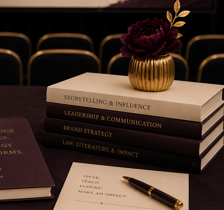 A stack of four books titled "Storytelling & Influence," "Leadership & Communication," "Brand Strategy," and "Law, Literature & Impact" on a dark table. A gold vase with dark purple peony and gold leaves is on top of the books. In front, there is a pen and a white card with the words "Speak. Teach. Inspire. Make an Impact." on it.