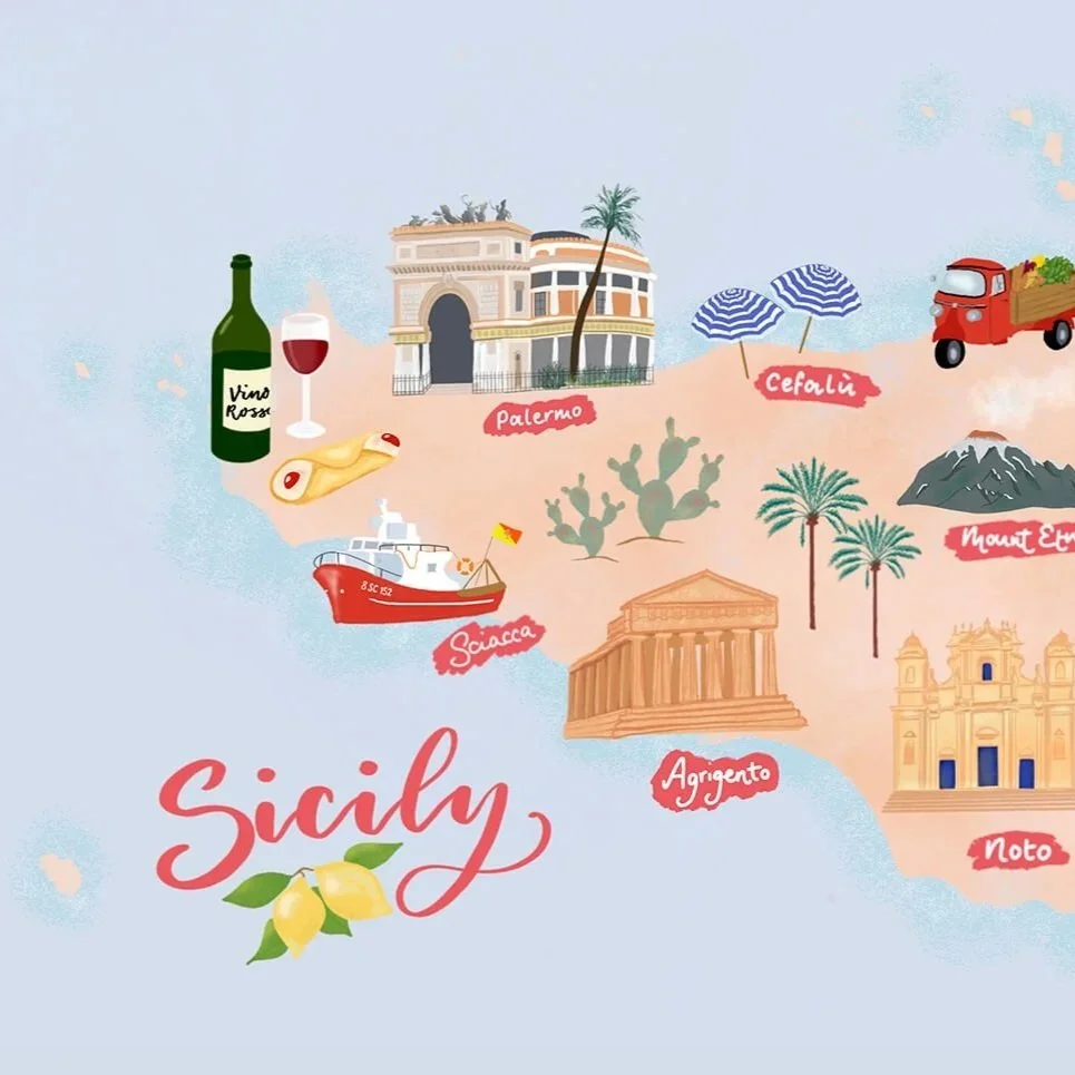 Illustrated map of Sicily featuring landmarks and popular food, drink and nature