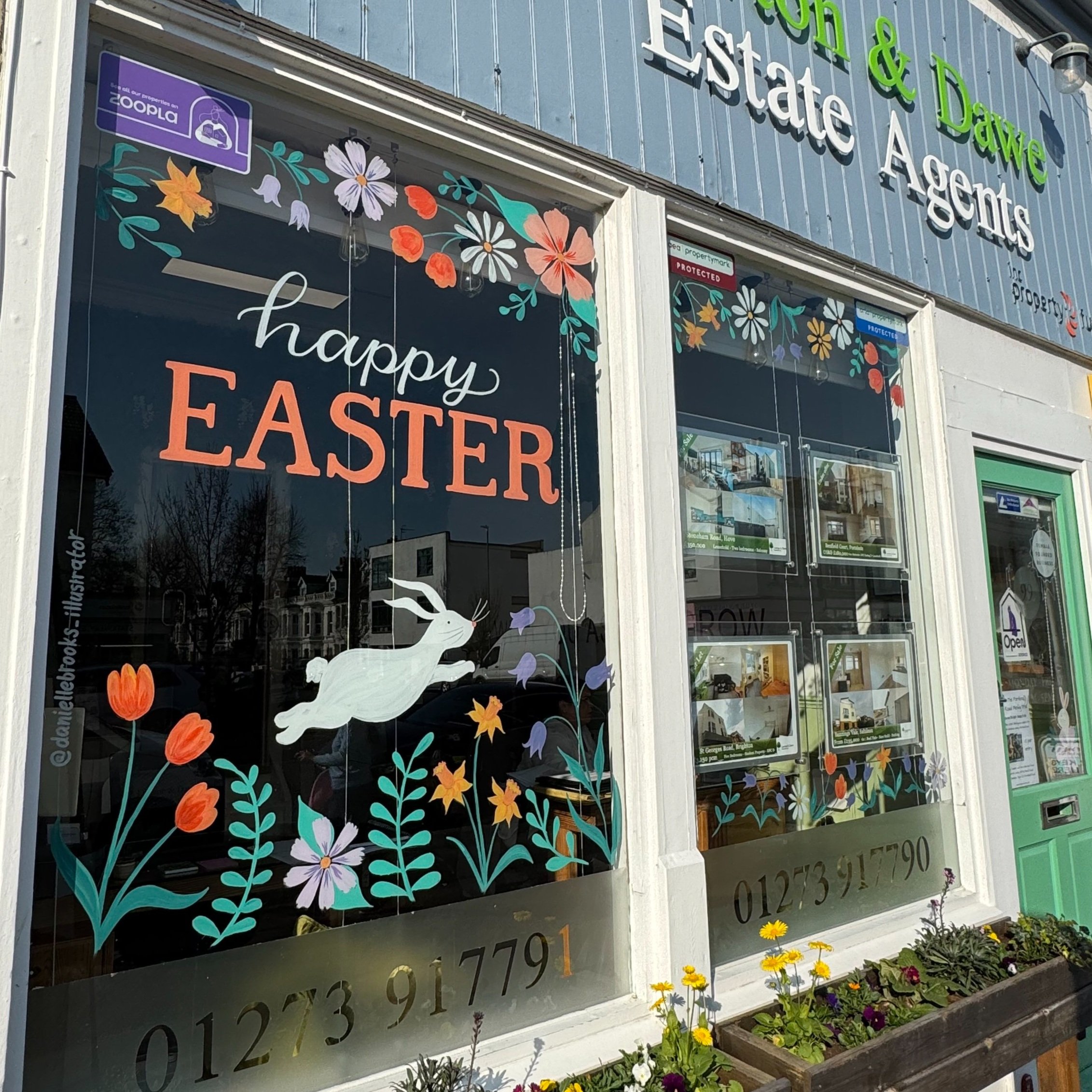 Easter scene painted on the window of Lawton & Dawe by Danielle Brooks Illustration