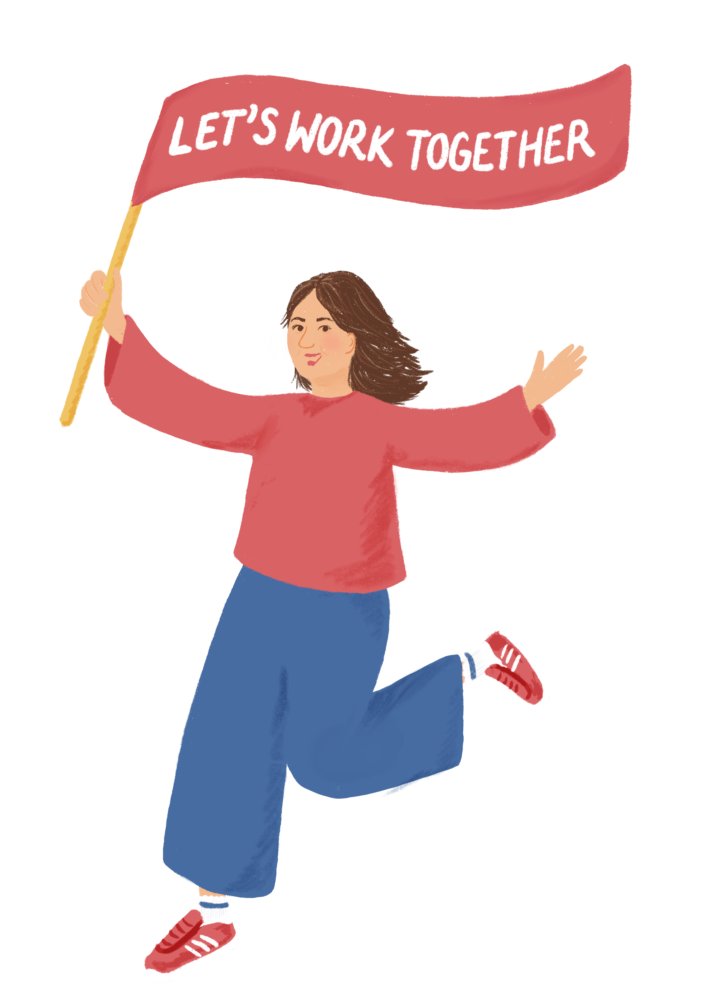An illustration of Danielle waving a banner that says 'Let's Work Together'
