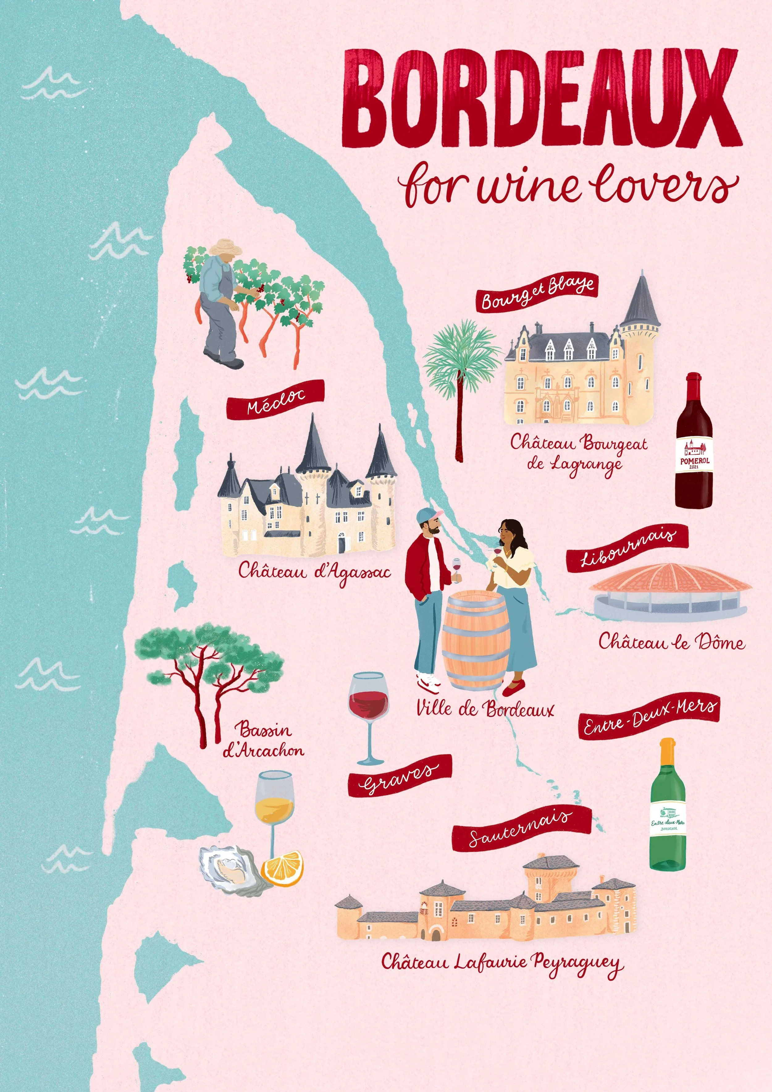 An illustrated map of Bordeaux in a pink, blue and wine colour palette