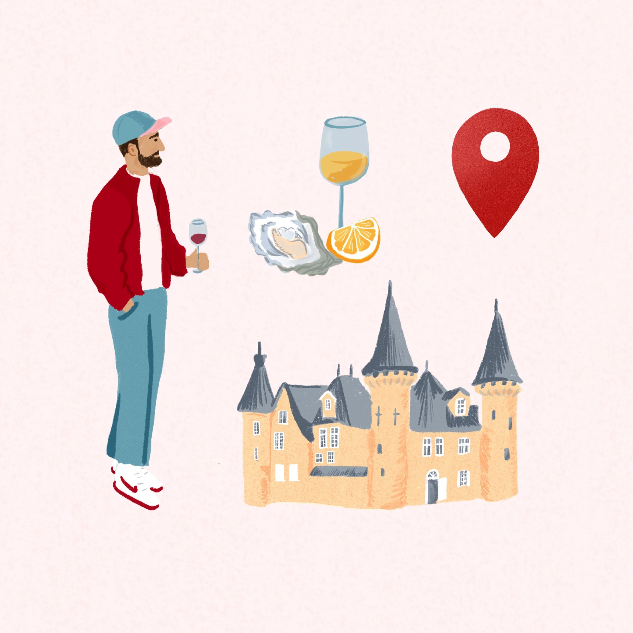 Illustrated icons to represent Bordeaux, its wine and chateaux