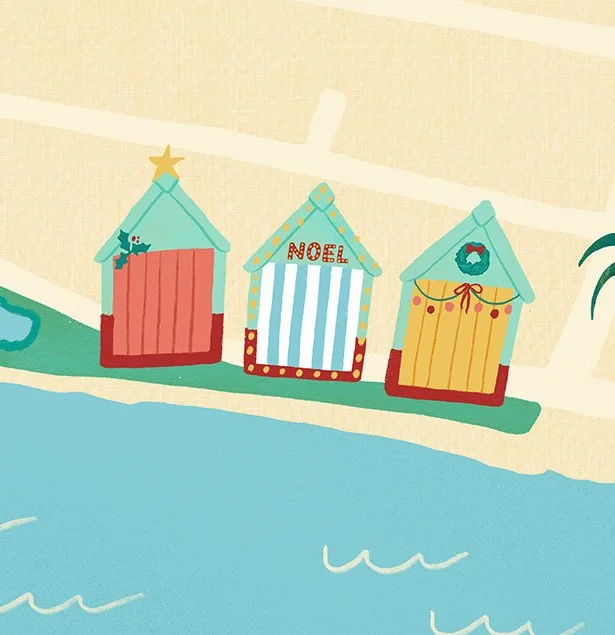Details from an illustrated map of Hove showing beach huts with Christmas decorations