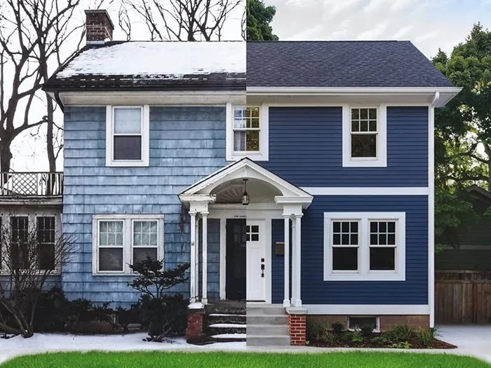 Side-by-side image of a house with one half in winter with snow and the other in summer with green trees, showing contrasting seasons.