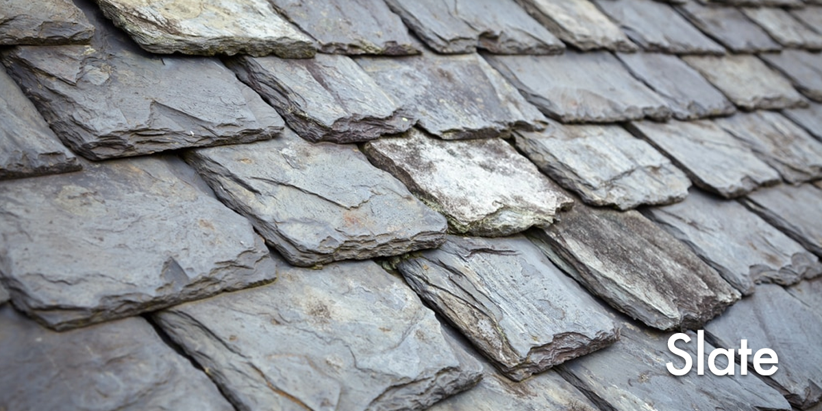 Close-up of gray slate roof shingles arranged in overlapping rows.