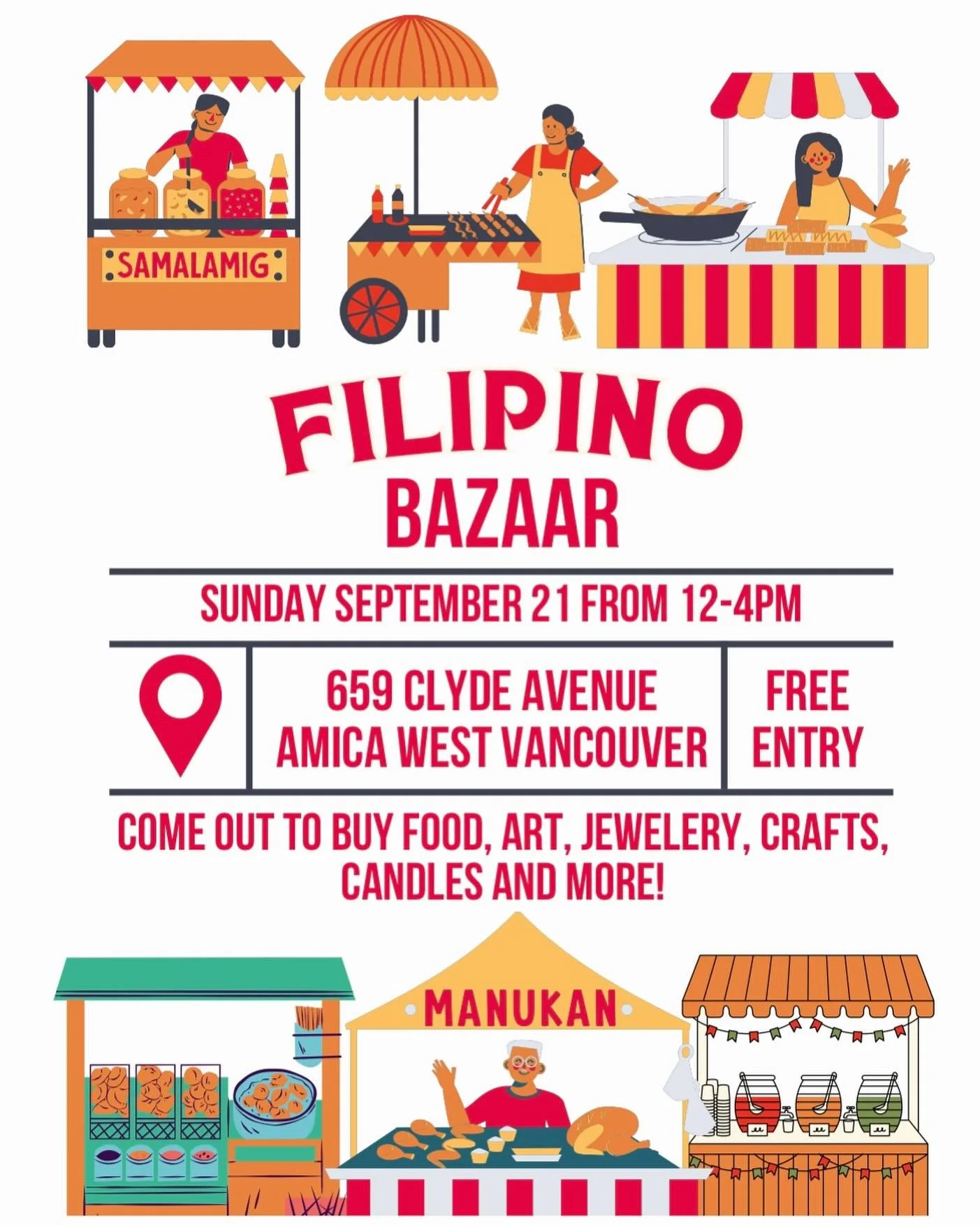 โจ๐ต๐ญ FILIPINO BAZAAR ๐ต๐ญโจ
Join us for an afternoon filled with food, art, jewelry, crafts, candles, and more!
๐ 659 Clyde Avenue, Amica West Vancouver
๐
Sunday, September 21 | 12–4 PM
๐๏ธ FREE ENTRY
Celebrate community, creativity, and F