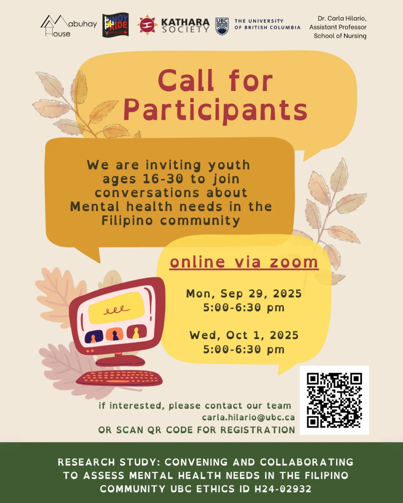 ๐ง โจ Calling Filipino youth in BC!
We are inviting participants (ages 16–30) to join our Conversation Café on Mental Health Needs in the Filipino Community, led by Dr. Carla Hilario, School of Nursing, UBC Okanagan.
๐ Who can join?
Fi