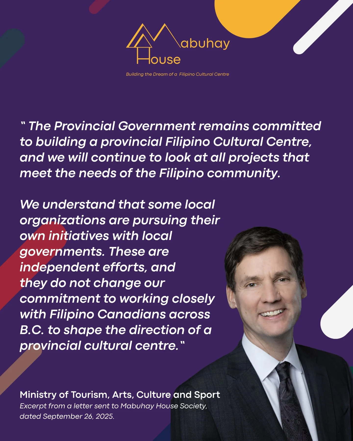 The Province of British Columbia has reaffirmed its commitment to building a Provincial Filipino Cultural Centre, as stated in a letter sent to Mabuhay House Society on September 26, 2025.
"๐๐๐๐ก๐ ๐จ๐ค๐ข๐ ๐ก๐ค๐๐๐ก ๐ค๐ง๐๐๐ฃ๐๐ฏ๐๐ฉ๐๐ค?