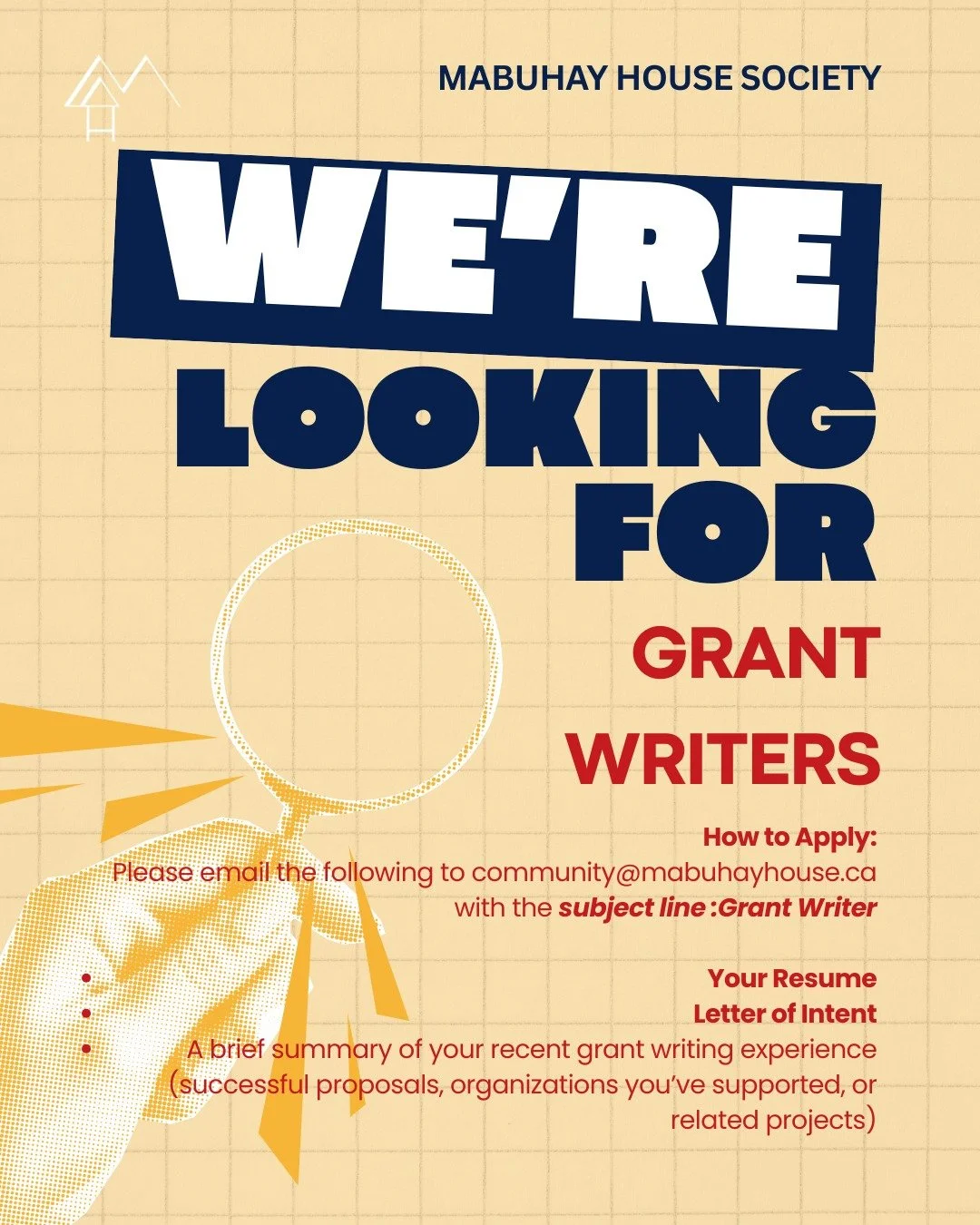 𝗠𝗮𝗯𝘂𝗵𝗮𝘆 𝗛𝗼𝘂𝘀𝗲 𝗦𝗼𝗰𝗶𝗲𝘁𝘆 𝗶𝘀 𝗟𝗼𝗼𝗸𝗶𝗻𝗴 𝗳𝗼𝗿 𝗚𝗿𝗮𝗻𝘁 𝗪𝗿𝗶𝘁𝗲𝗿𝘀 (𝗖𝗼𝗻𝘁𝗿𝗮𝗰𝘁)

Mabuhay House is seeking experienced Grant Writers to support our community initiatives, cultural programming, and the ongoing developme