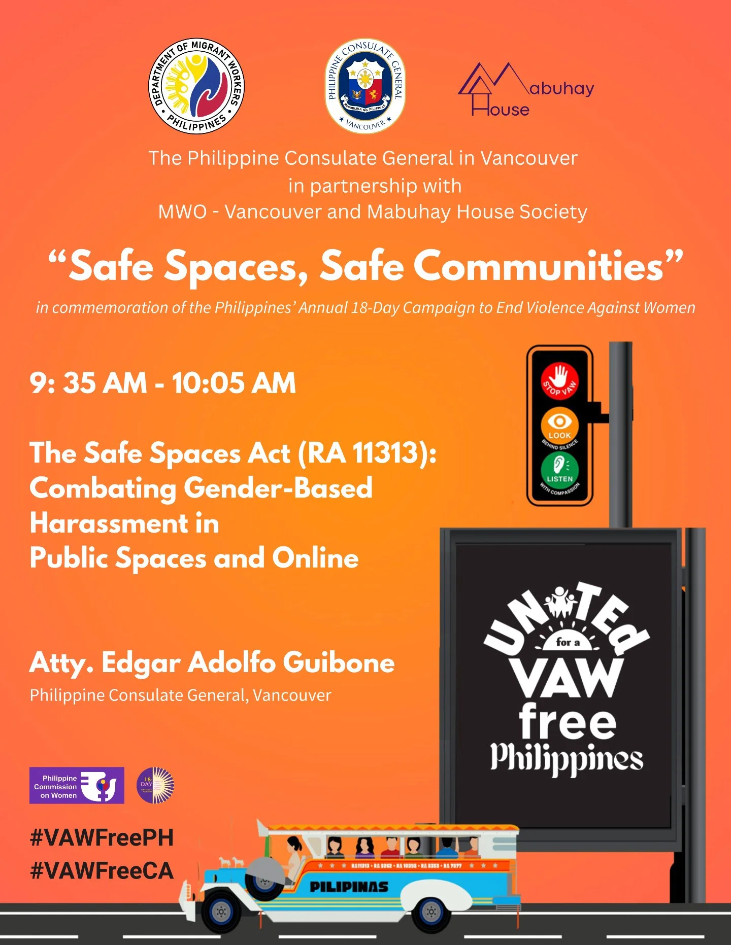You are invited to join us for:

Safe Spaces, Safe Communities:
Commemorating the 18-Day Campaign to End Violence Against Women

📅 Saturday, December 6, 2025
📍 Multipurpose Room 4, 2nd Floor, Creekside Community Centre

This event is proudly presen