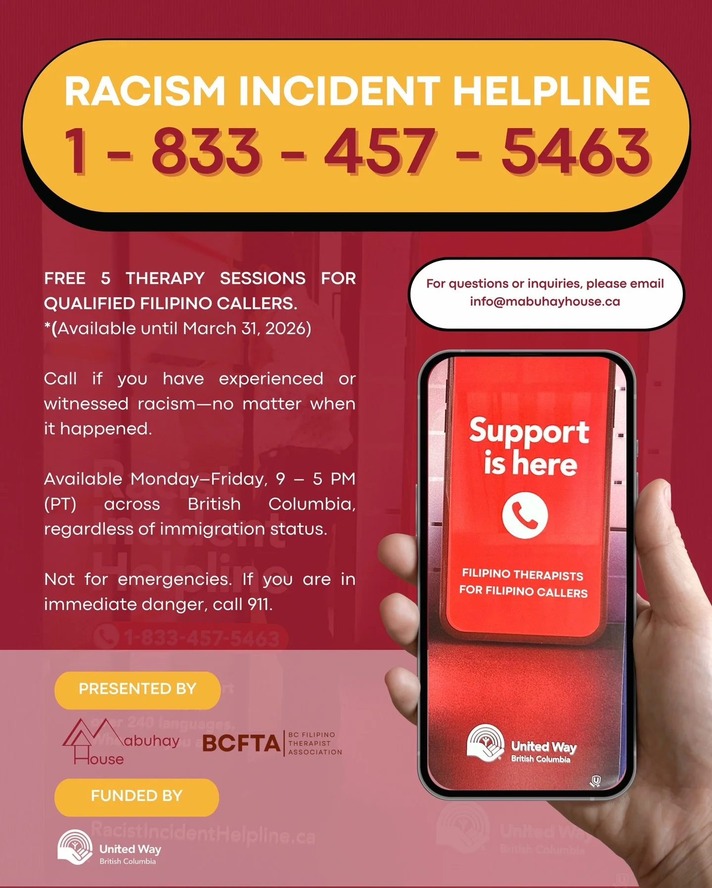 🔔 UPDATED INFORMATION 🔨𝑴𝒆𝒏𝒕𝒂𝒍 𝒉𝒆𝒂𝒍𝒕𝒉 𝒔𝒖𝒑𝒑𝒐𝒓𝒕 𝒊𝒔 𝒉𝒆𝒓𝒆 𝒇𝒐𝒓 𝒐𝒖𝒓 𝒄𝒐𝒎𝒎𝒖𝒏𝒊𝒕𝒚 ❤️

Introducing the Racism Incident Helpline - 1-833-457-5463

Mabuhay House Society, in partnership with the BC Filipino Therapist Assoc