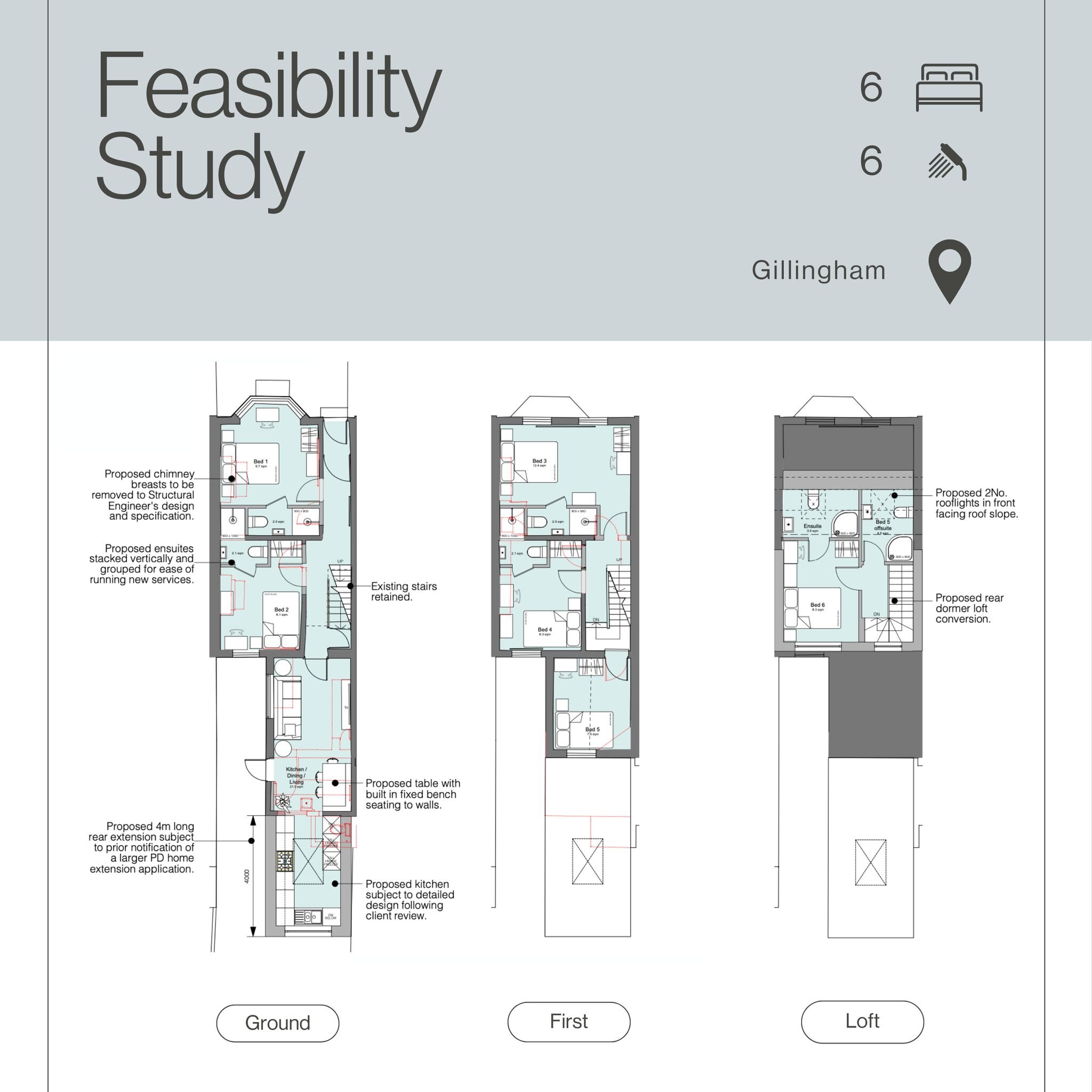 Here is Option 1 of a recent design feasibility study for a HMO conversion in Gillingham💥

On this project we have explored different extension sizes and also the possibility to convert the basement room into a 7th bedroom along with different layou